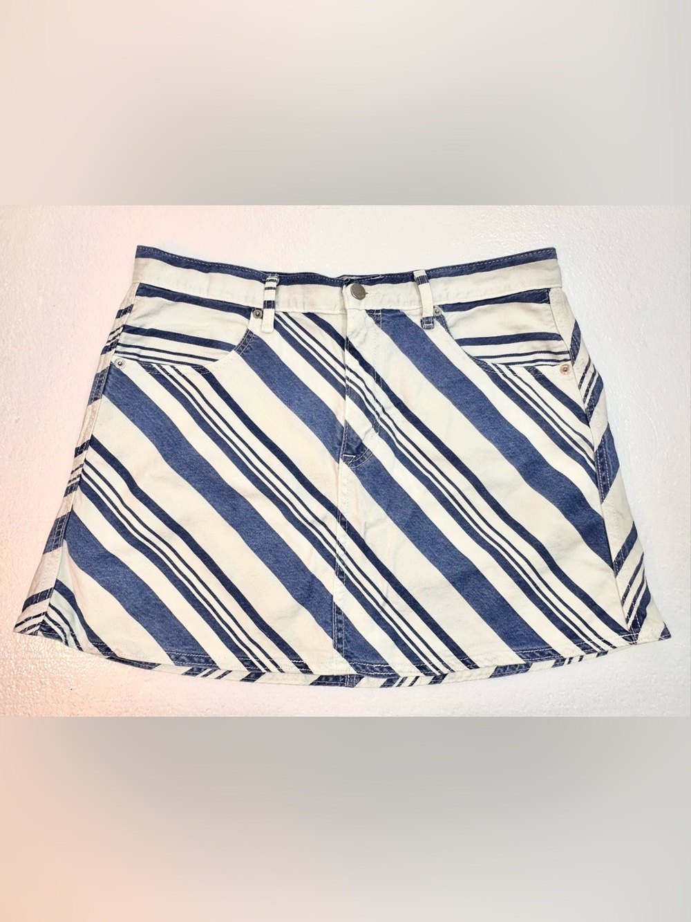 Blue and White Bias Striped Mini Denim Skirt 12